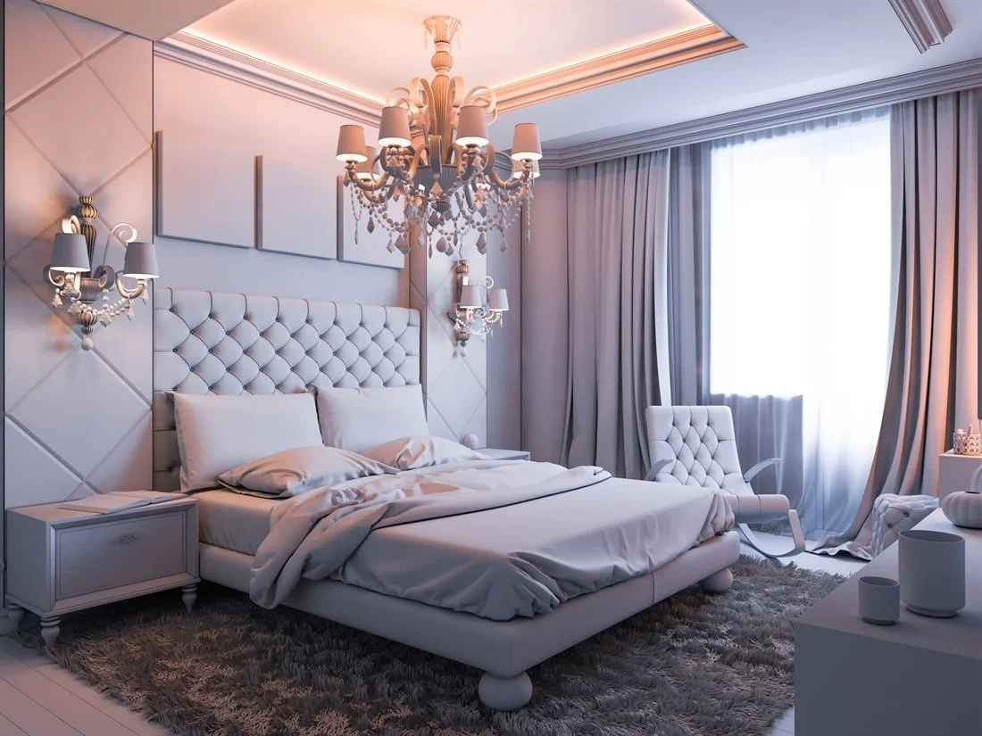 חדר שינה בעיצוב קלאסי עם שטיח.